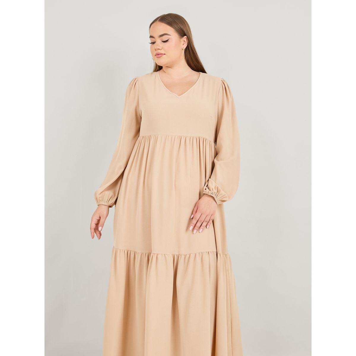Styli Plus Solid V Neck Tiered Maxi Dress-women-clothing-dresses-image-2