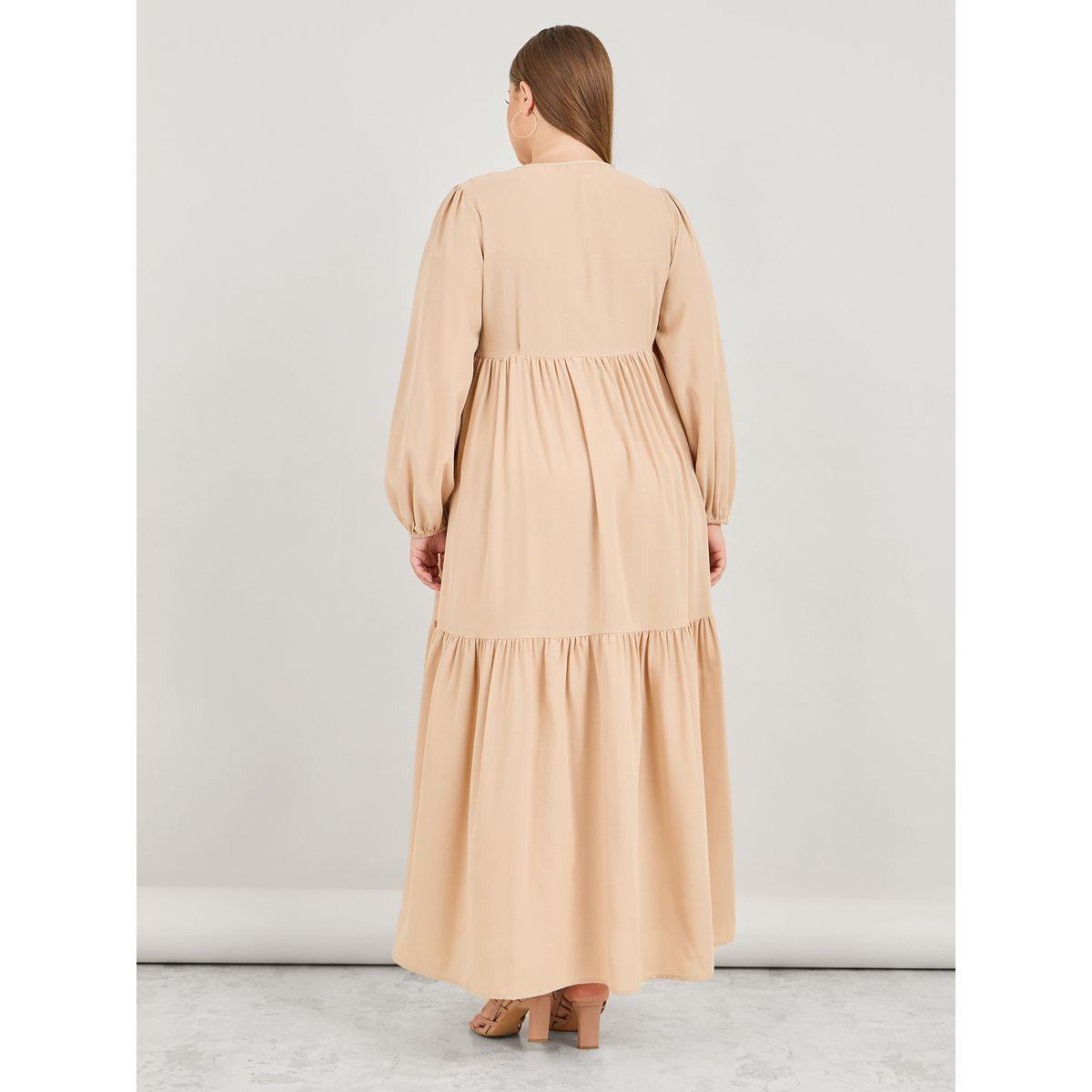 Styli Plus Solid V Neck Tiered Maxi Dress-women-clothing-dresses-image-4