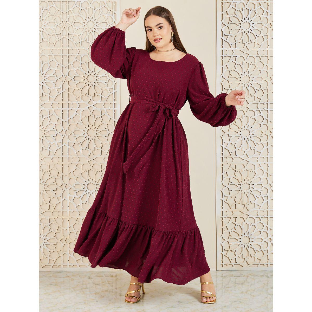 Styli Plus Dobby Self Tie Up A-Line Maxi Dress-women-clothing-dresses-image-1