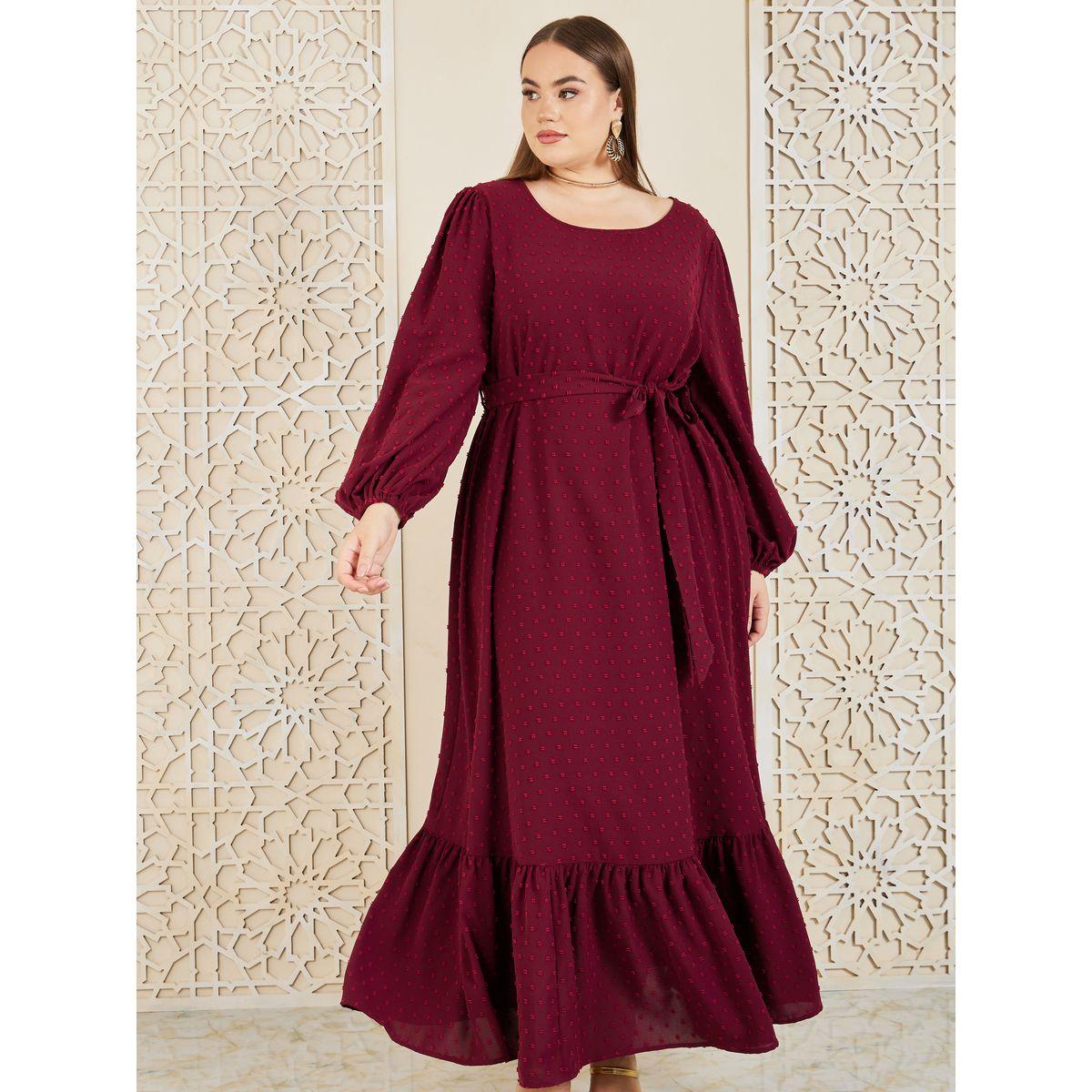 Styli Plus Dobby Self Tie Up A-Line Maxi Dress-women-clothing-dresses-image-2