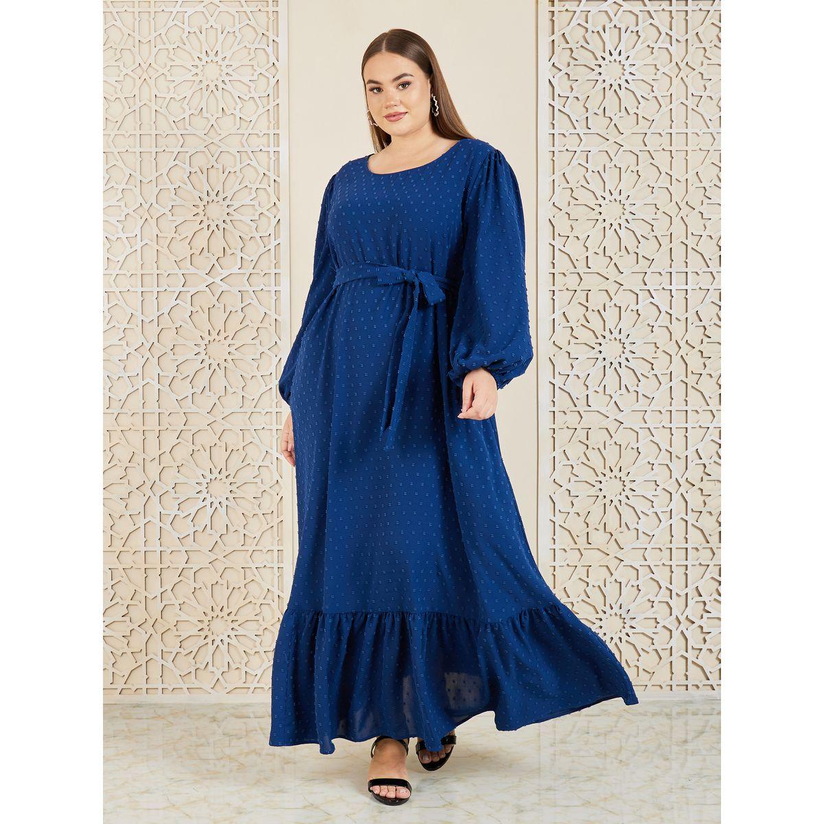 Styli Plus Dobby Self Tie Up A-Line Maxi Dress-women-clothing-dresses-image-1