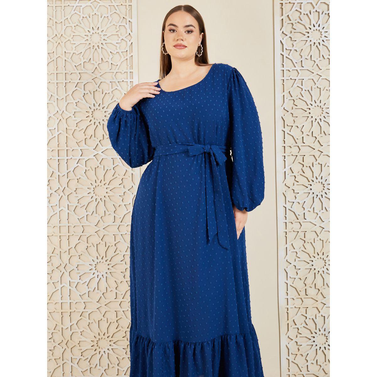فستان طويل بمقاس كبير ورباط خصر-women-clothing-dresses-image-2