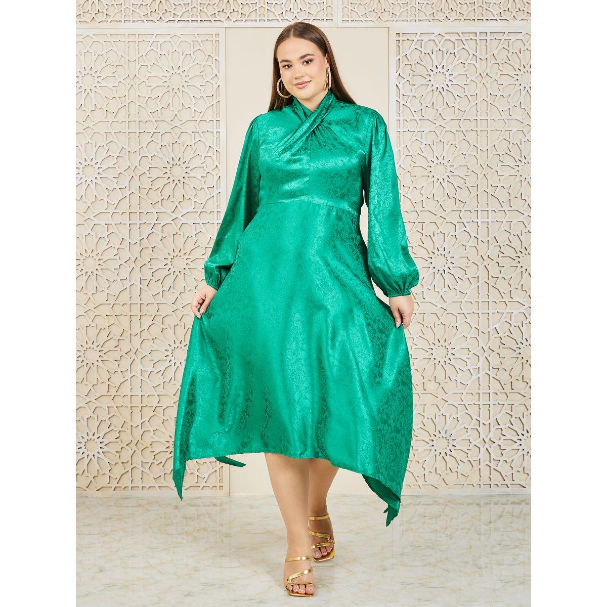 Styli Plus Satin Jacquard Print Handkerchief Hem A-Line Midi Dress-women-clothing-dresses-image-1