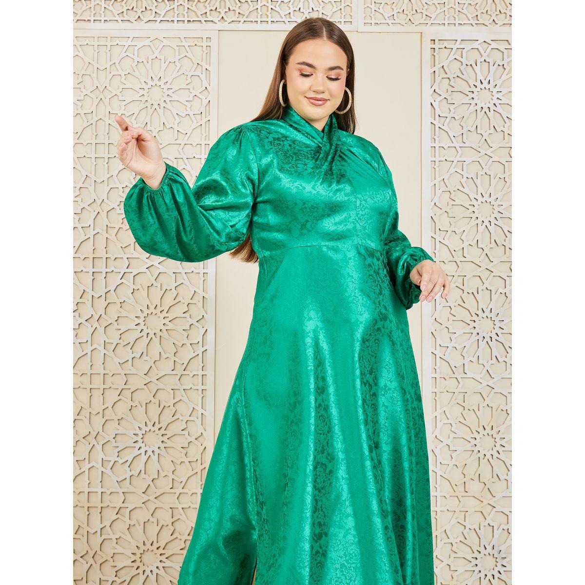 Styli Plus Satin Jacquard Print Handkerchief Hem A-Line Midi Dress-women-clothing-dresses-image-2