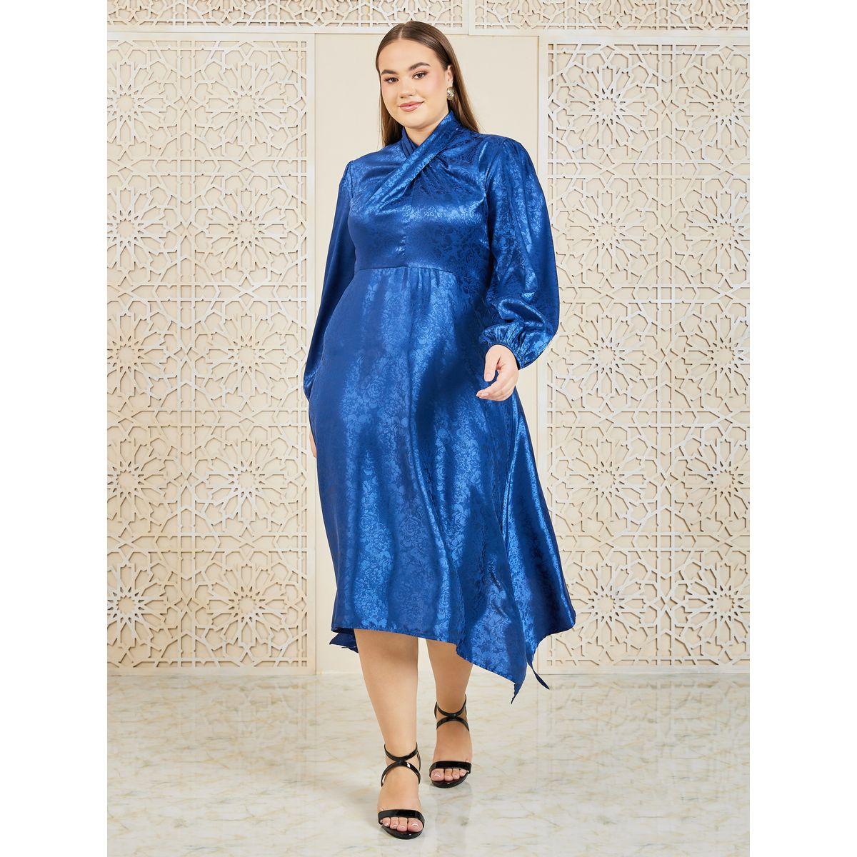 فستان ميدي ساتان بمقاس كبير وتفاصيل جاكار-women-clothing-dresses-image-1