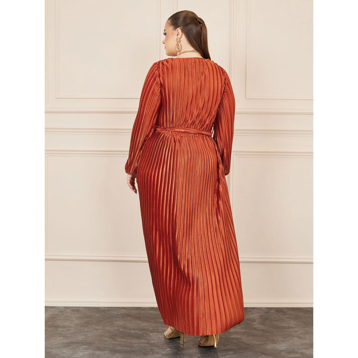 Styli Plus Metallic Plisse A-Line Maxi Dress with Self Tie Up-women-clothing-dresses-image-4