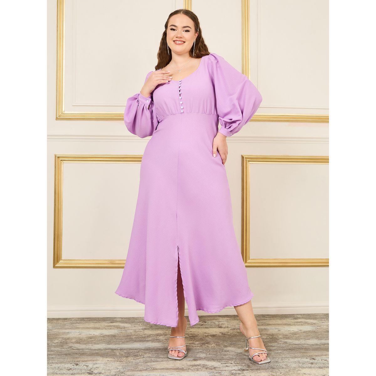 Styli Plus Bishop Sleeves Front Slit Maxi Dress-women-clothing-dresses-image-1