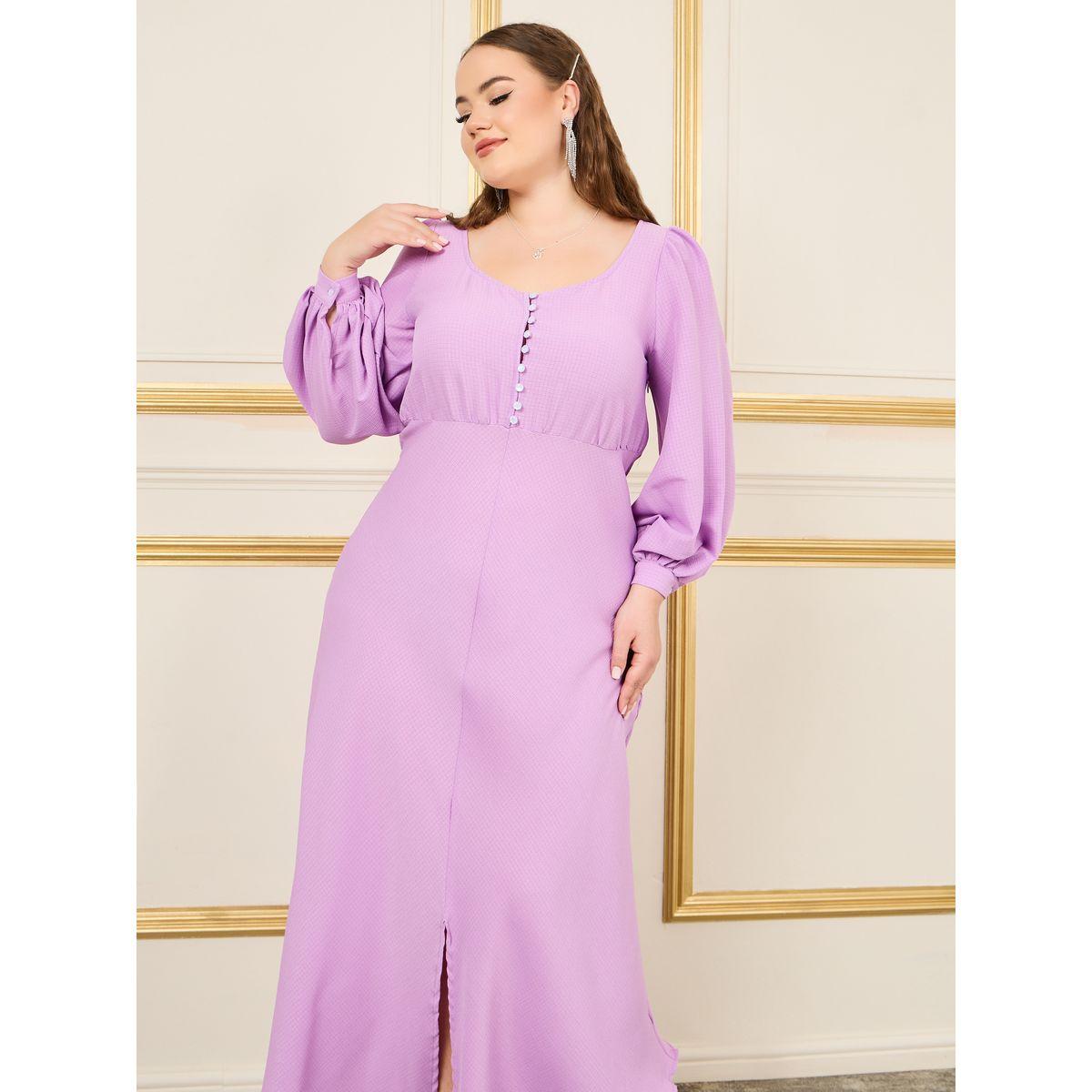 Styli Plus Bishop Sleeves Front Slit Maxi Dress-women-clothing-dresses-image-2