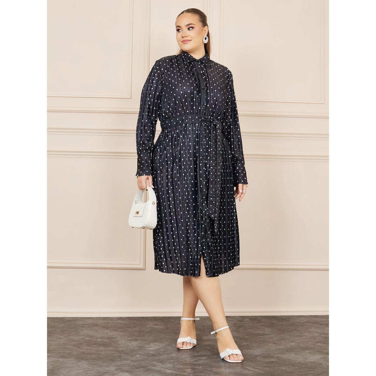 Styli Plus Satin Polka Dot Print Self Tie Up Shirt Midi Dress-women-clothing-dresses-image-1