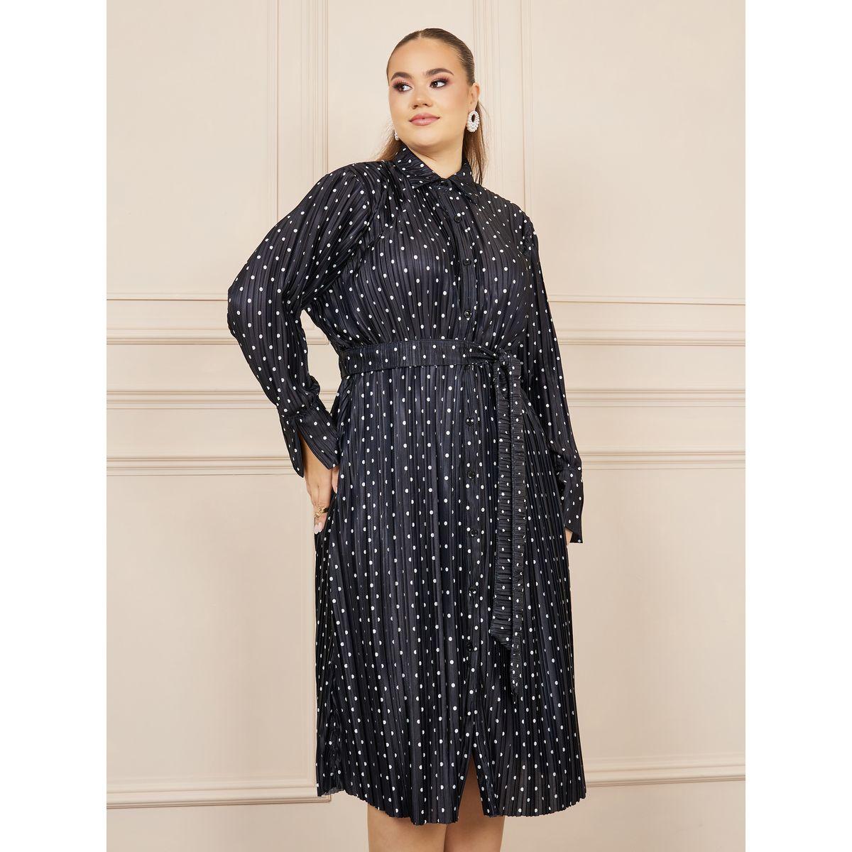 Styli Plus Satin Polka Dot Print Self Tie Up Shirt Midi Dress-women-clothing-dresses-image-2