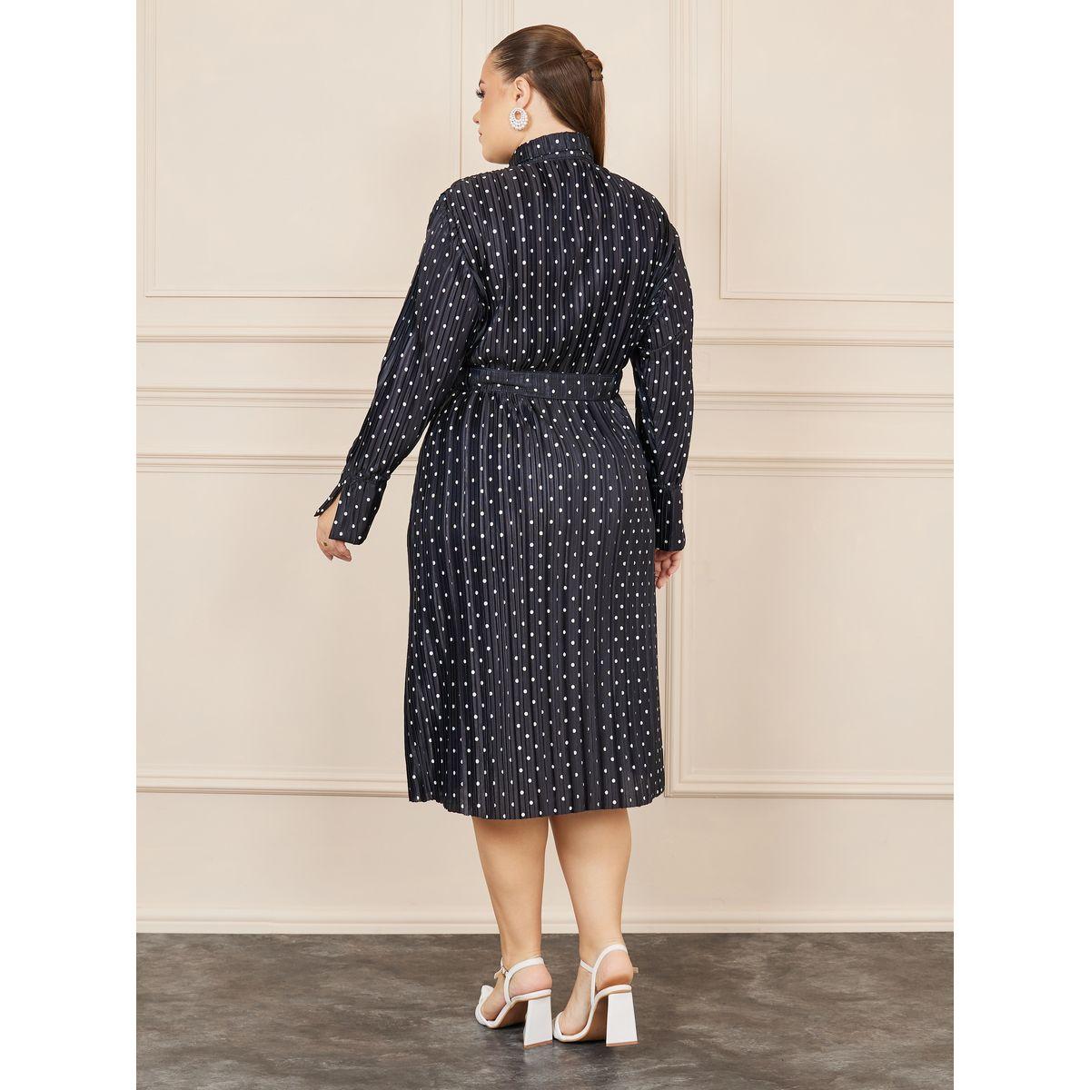 Styli Plus Satin Polka Dot Print Self Tie Up Shirt Midi Dress-women-clothing-dresses-image-4