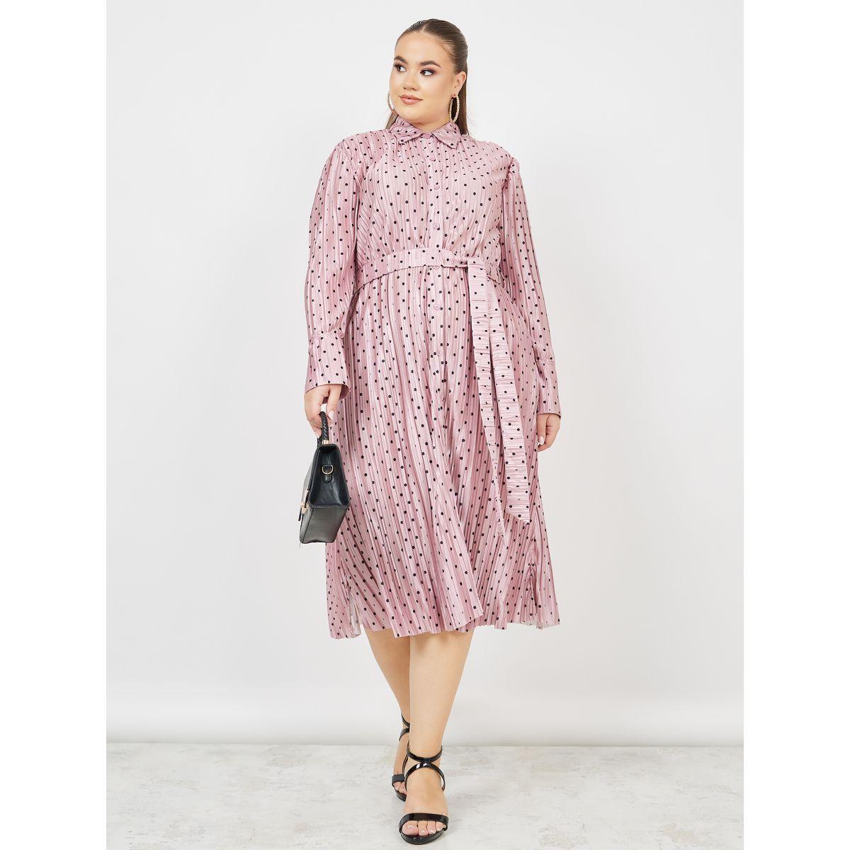 فستان ساتان ميدي بليسيه بمقاس كبير ورباط-women-clothing-dresses-image-1