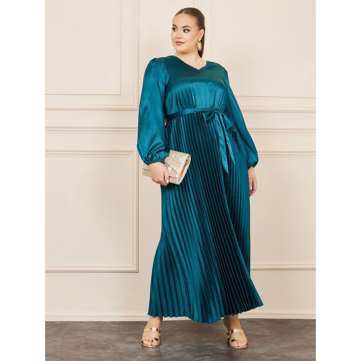 Styli Plus Satin Pleated Maxi Dress with Self Tie Up-women-clothing-dresses-image-1