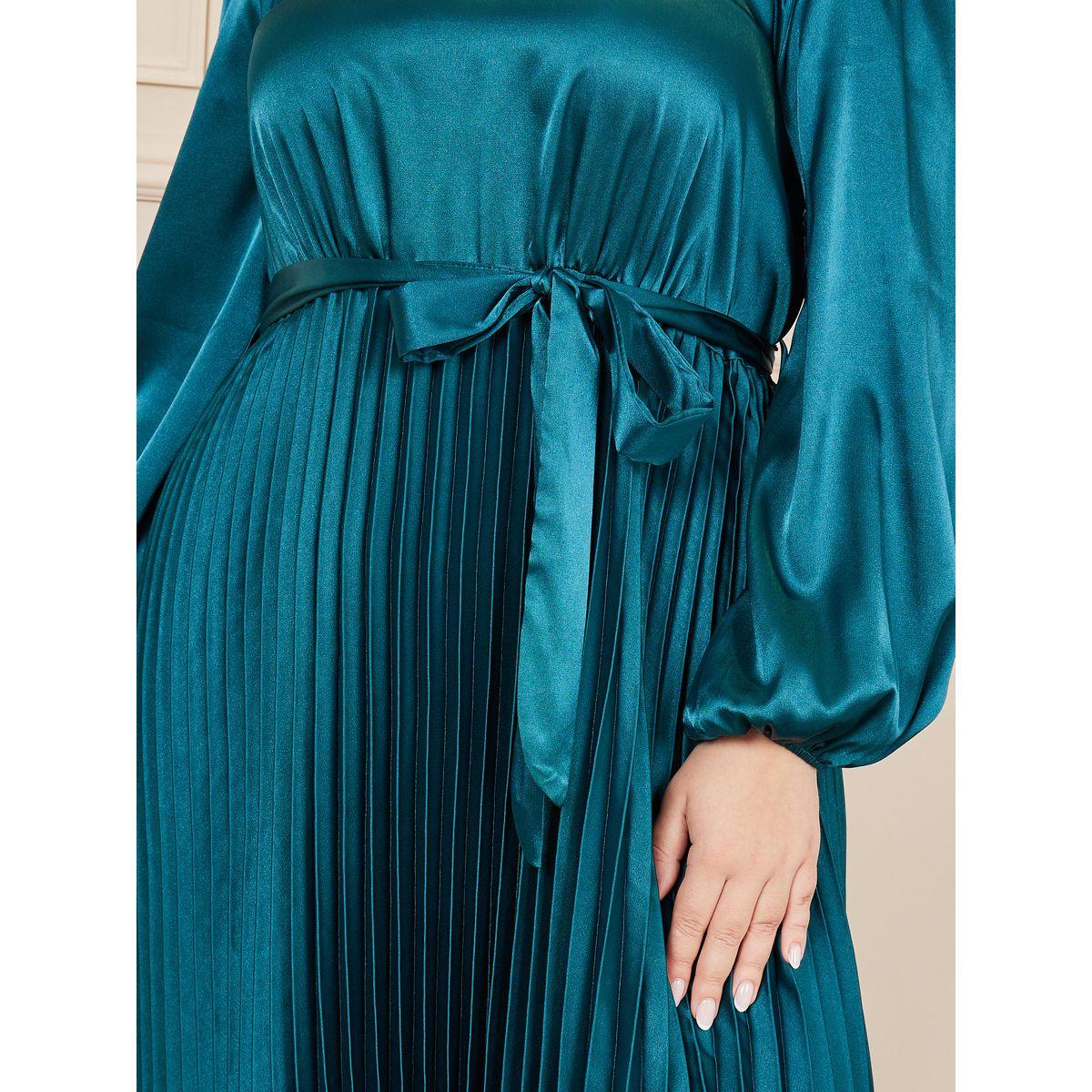 فستان طويل ساتان بمقاس كبير وكسرات مع اربطة-women-clothing-dresses-image-2