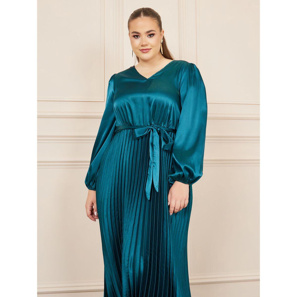 فستان طويل ساتان بمقاس كبير وكسرات مع اربطة-women-clothing-dresses-image-3