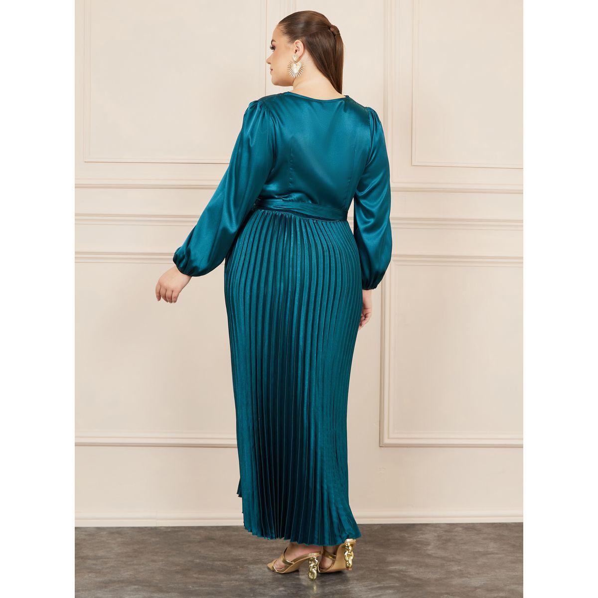 Styli Plus Satin Pleated Maxi Dress with Self Tie Up-women-clothing-dresses-image-4