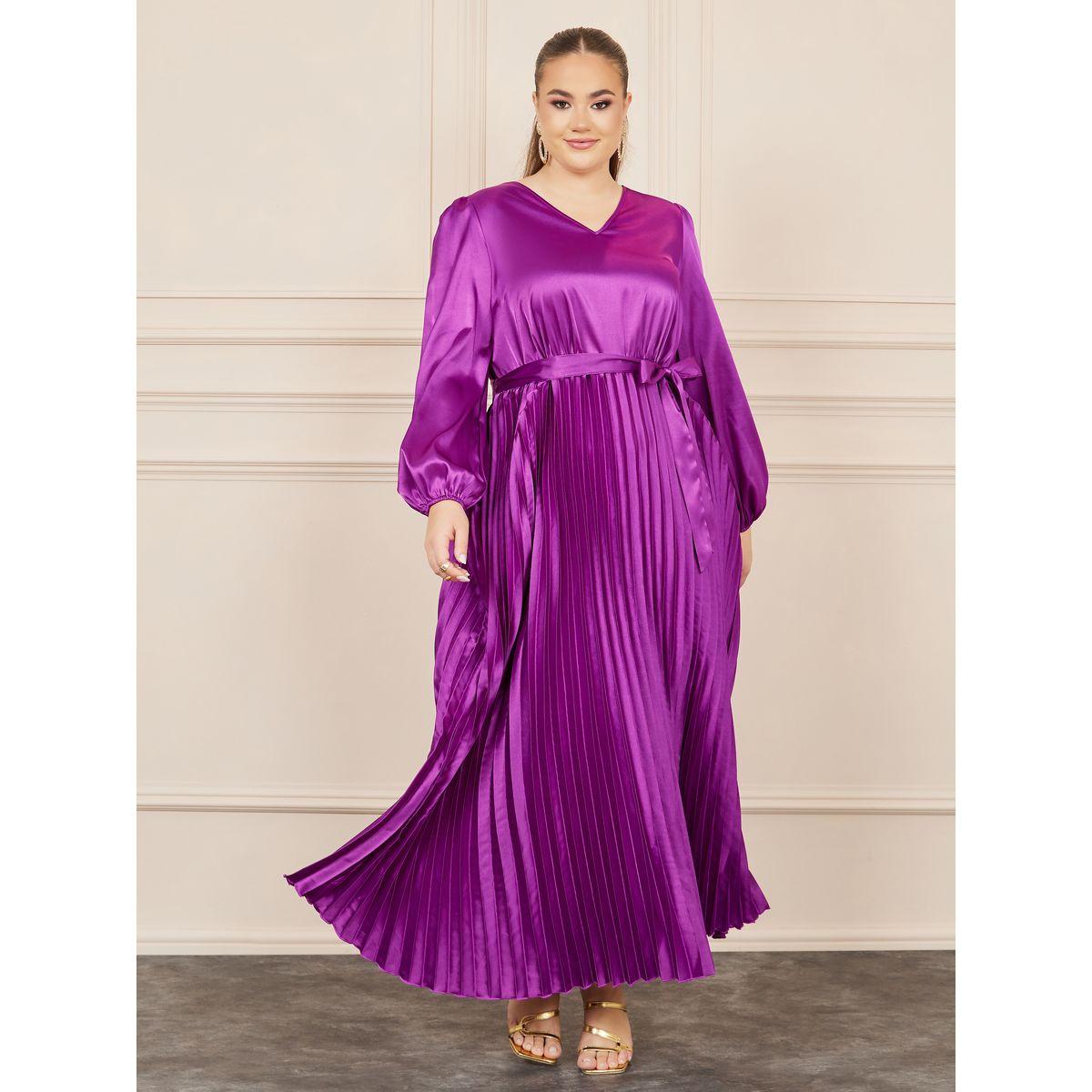 Styli Plus Satin Pleated Maxi Dress with Self Tie Up-women-clothing-dresses-image-1