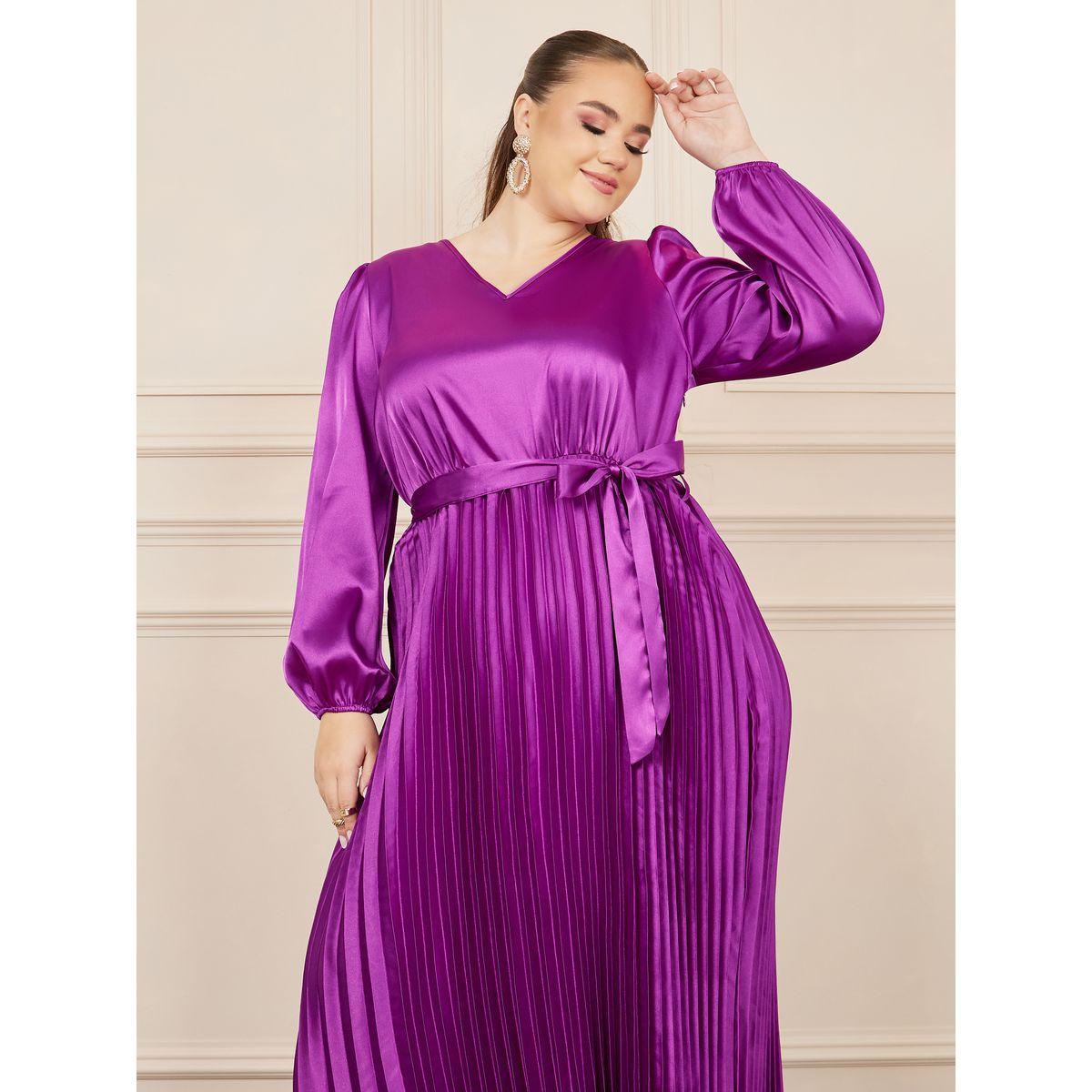 Styli Plus Satin Pleated Maxi Dress with Self Tie Up-women-clothing-dresses-image-2