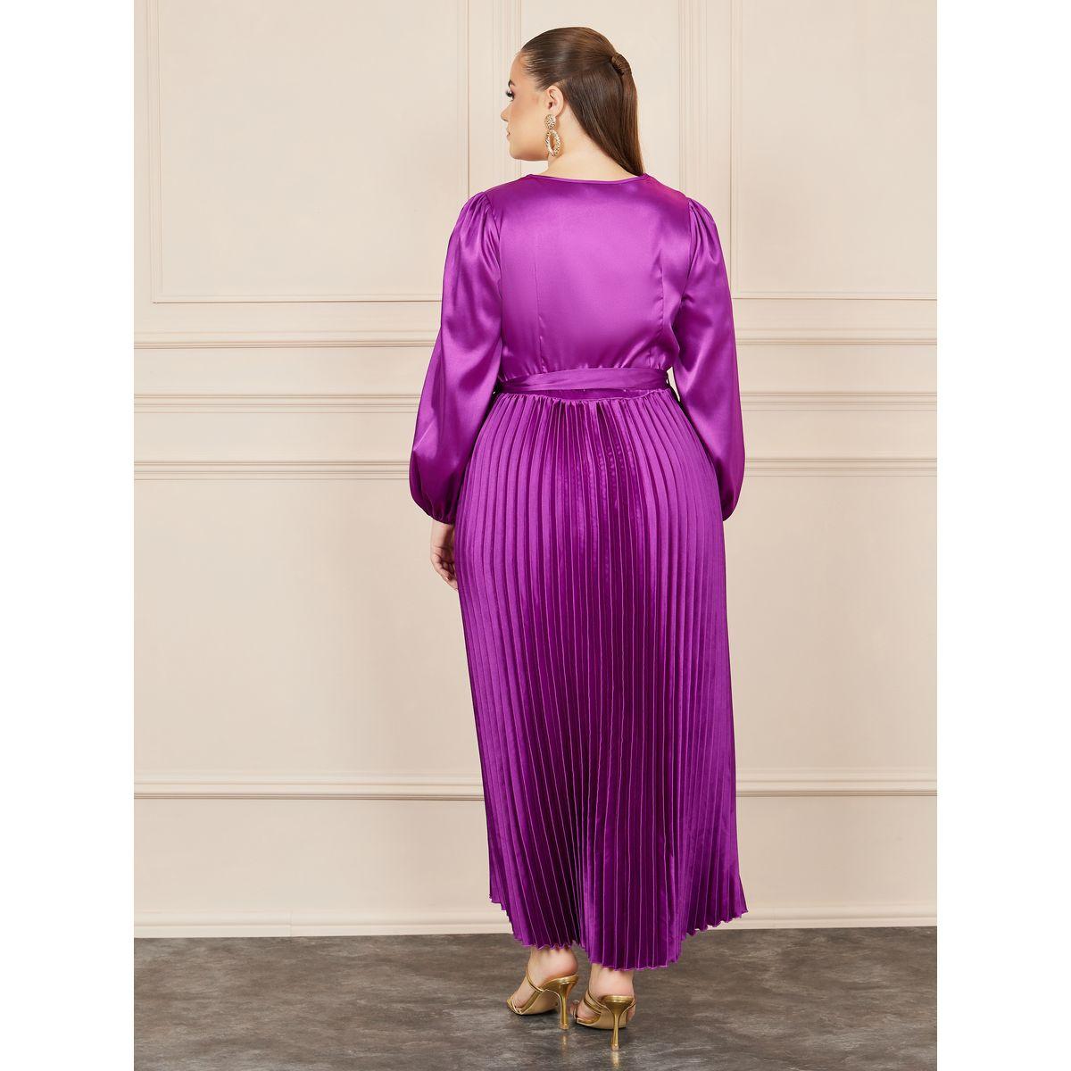 Styli Plus Satin Pleated Maxi Dress with Self Tie Up-women-clothing-dresses-image-4