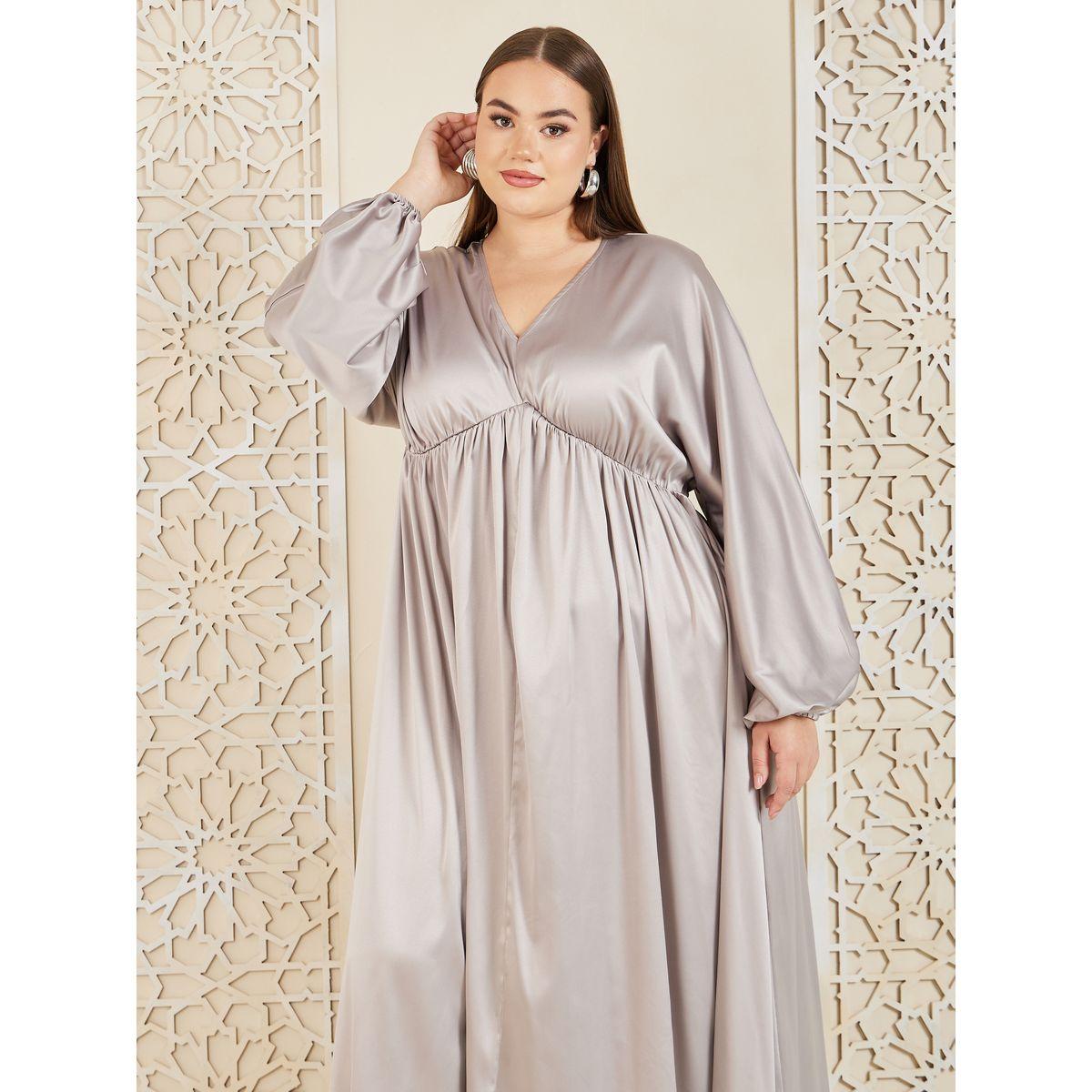 Styli Plus Satin Gathered Detail A-Line Maxi Dress-women-clothing-dresses-image-2