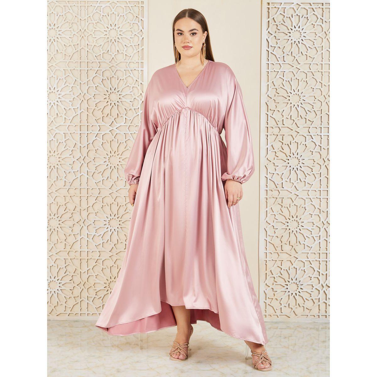Styli Plus Satin Gathered Detail A-Line Maxi Dress-women-clothing-dresses-image-1