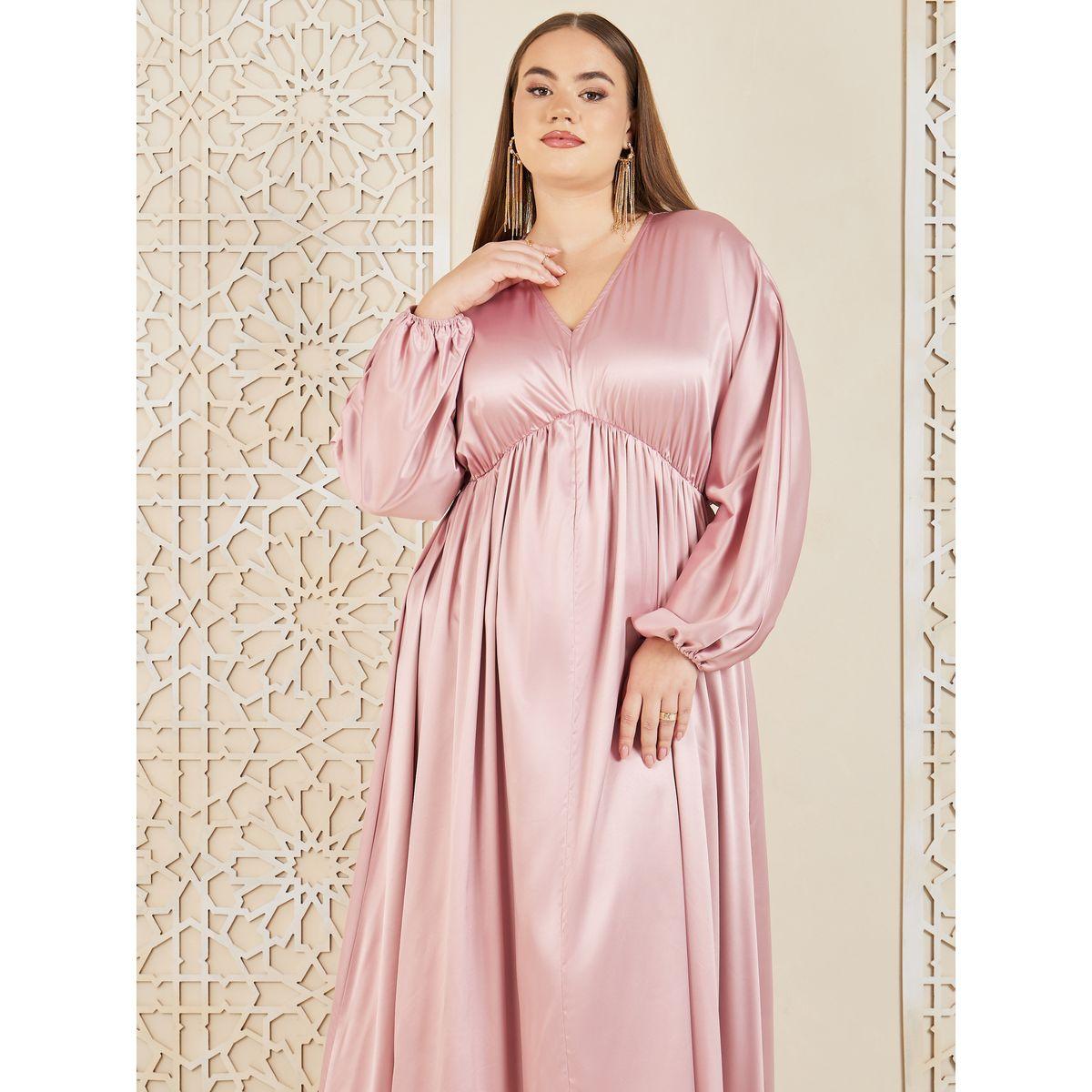 Styli Plus Satin Gathered Detail A-Line Maxi Dress-women-clothing-dresses-image-2