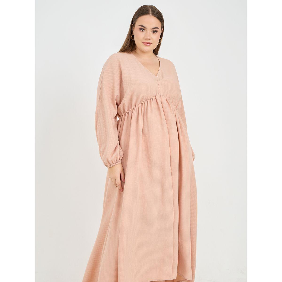Styli Plus Textured V Neck A-Line Maxi Dress-women-clothing-dresses-image-2