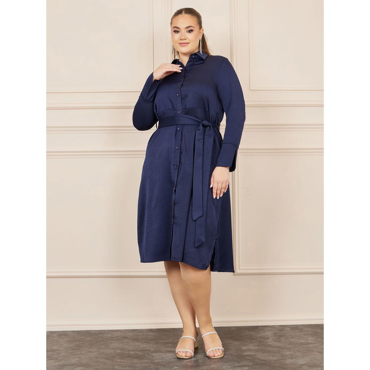 Styli Plus Satin Self Tie Up Shirt Midi Dress-women-clothing-dresses-image-1