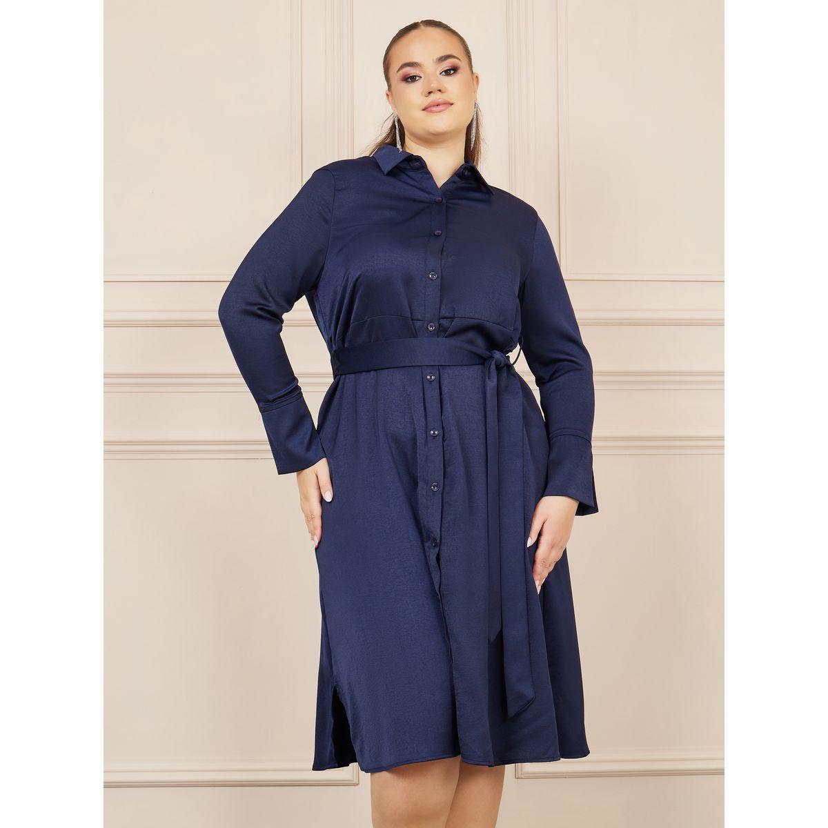 Styli Plus Satin Self Tie Up Shirt Midi Dress-women-clothing-dresses-image-2