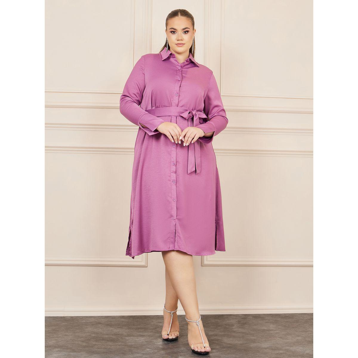 فستان ميدي ساتان بمقاس كبير وكسرات مع اربطة-women-clothing-dresses-image-1