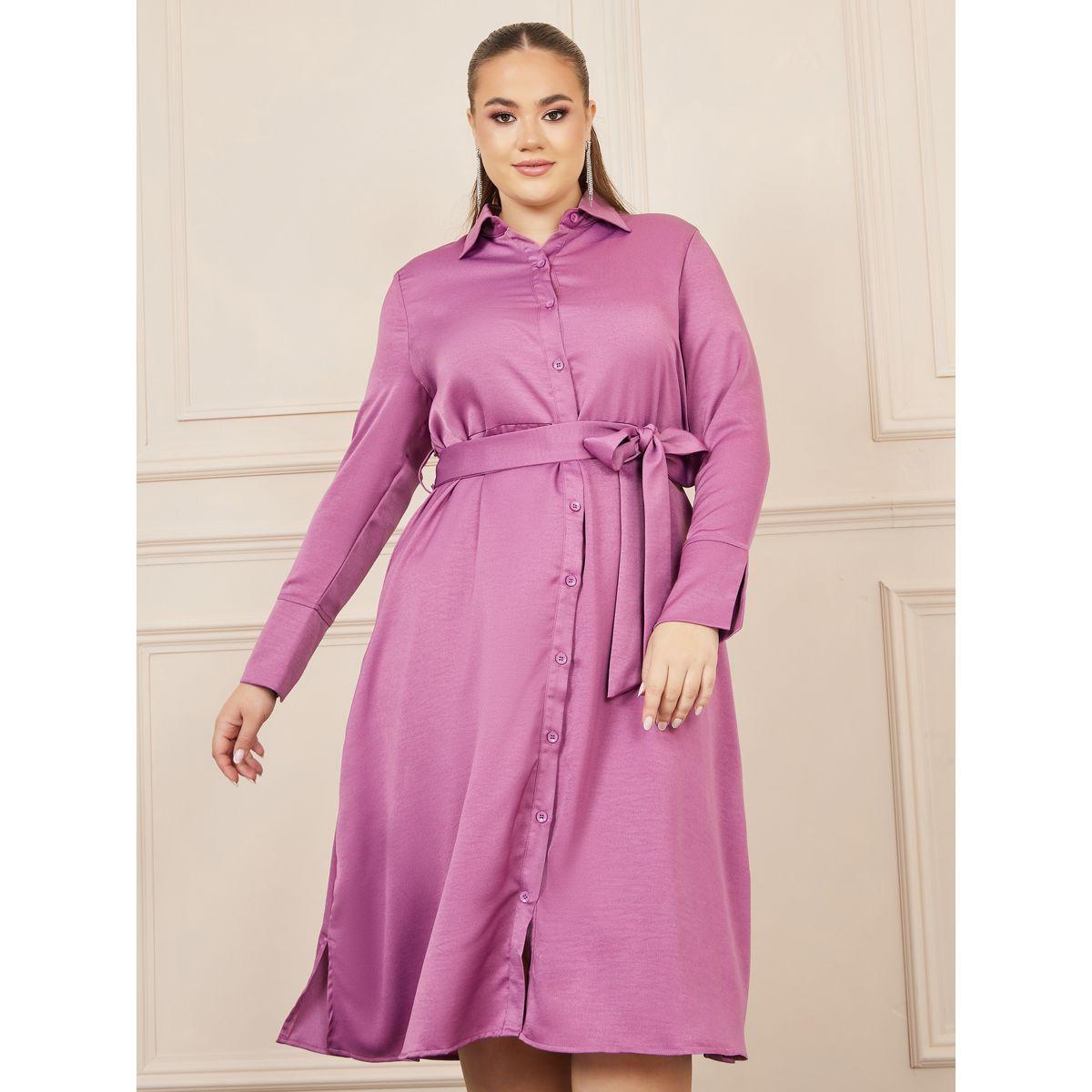 Styli Plus Satin Self Tie Up Shirt Midi Dress-women-clothing-dresses-image-2