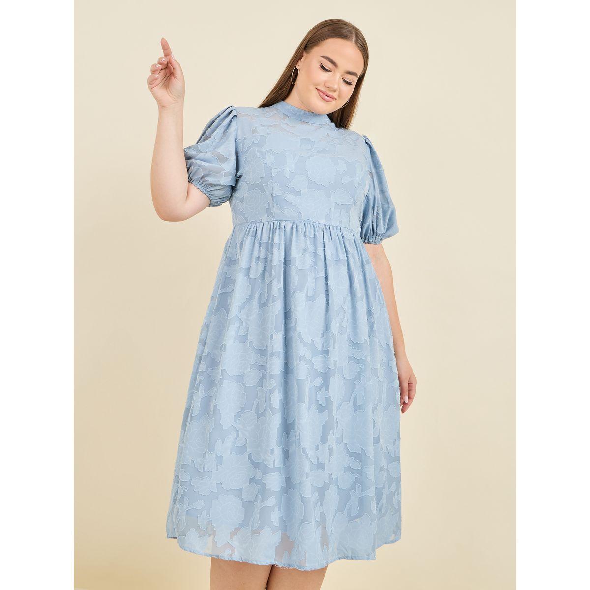 Styli Plus Burnout Texture High Neck A-Line Midi Dress-women-clothing-dresses-image-1