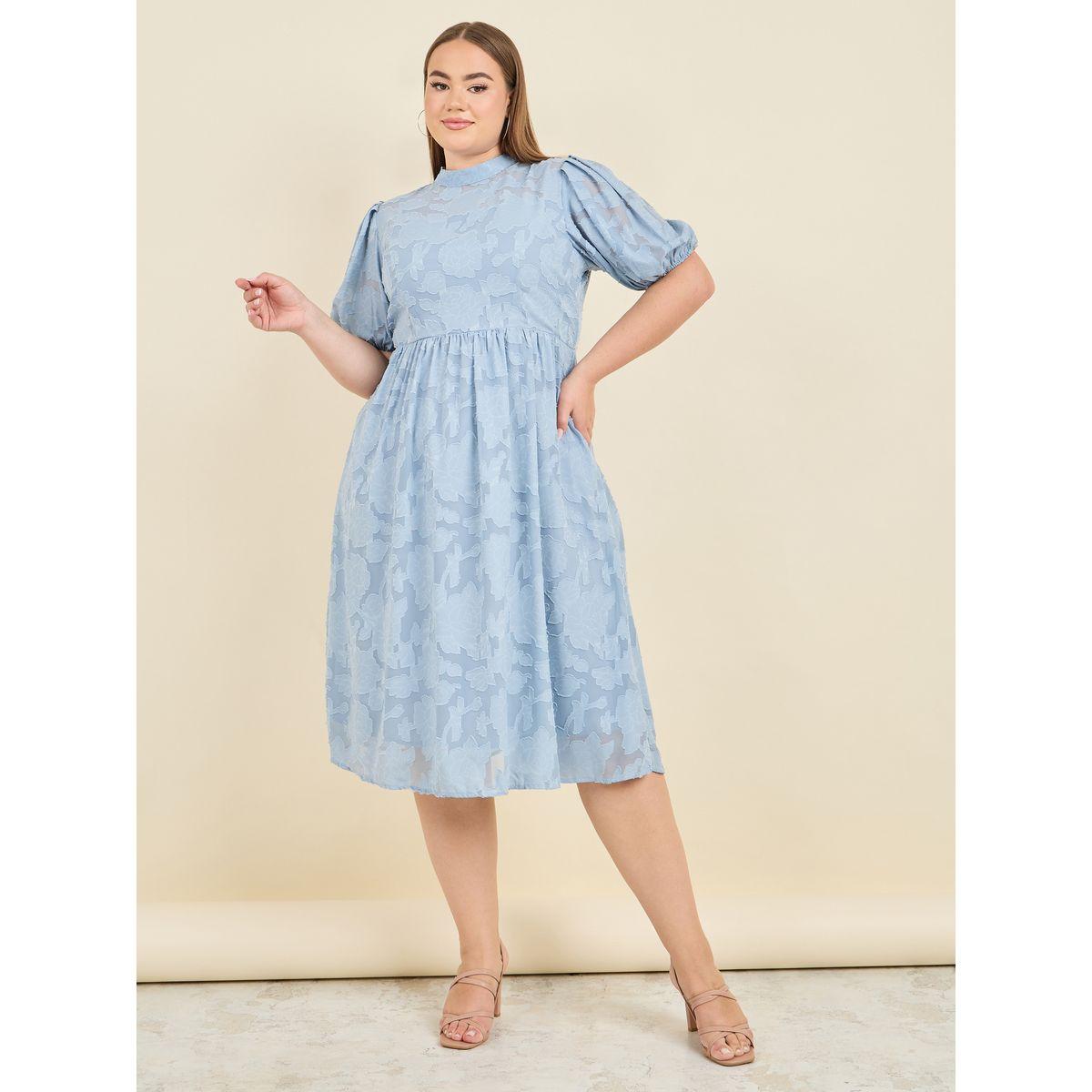 Styli Plus Burnout Texture High Neck A-Line Midi Dress-women-clothing-dresses-image-2