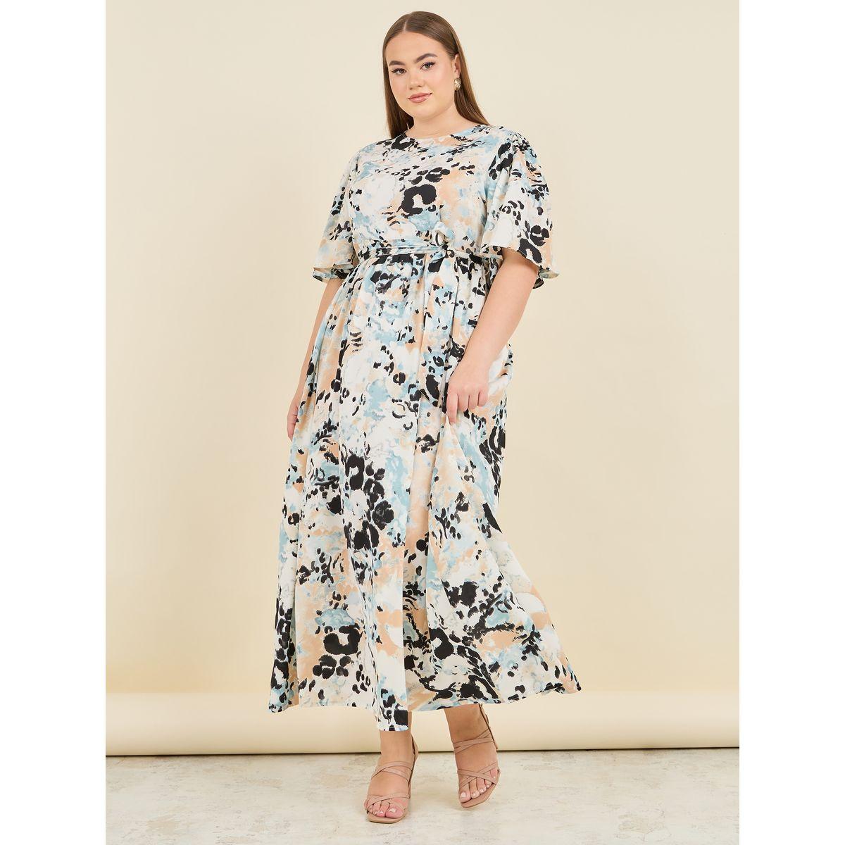 Styli Plus Abstract Print A-Line Maxi Dress with Self Tie Up-women-clothing-dresses-image-1