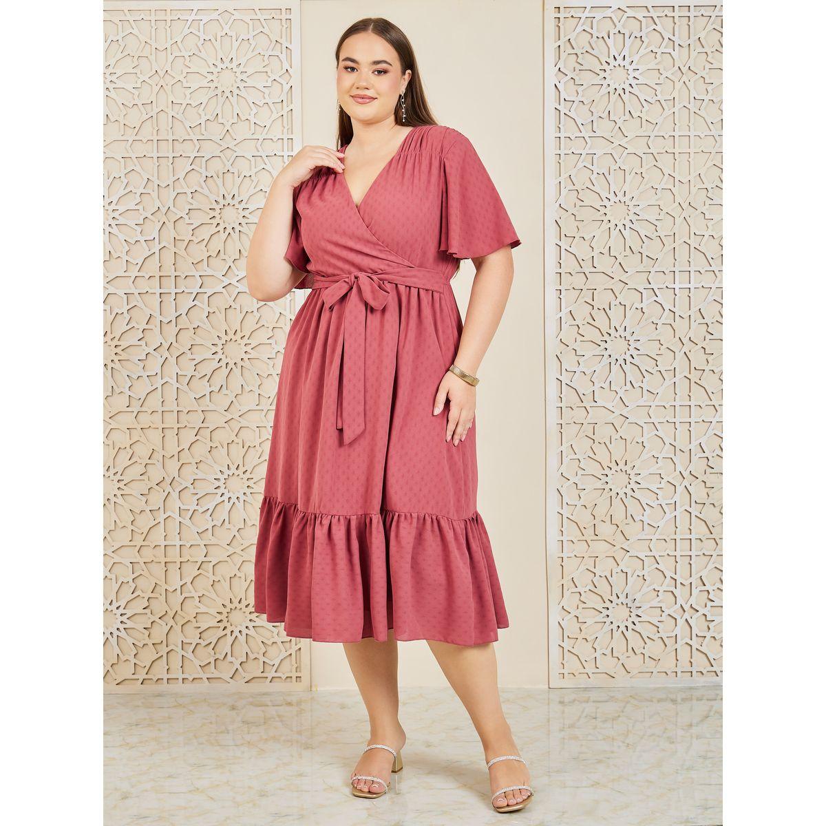 Styli Plus Textured A-Line Tiered Midi Dress with Self Tie Up-women-clothing-dresses-image-1