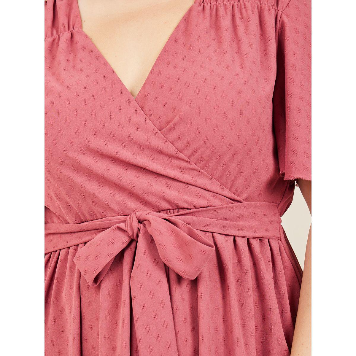 Styli Plus Textured A-Line Tiered Midi Dress with Self Tie Up-women-clothing-dresses-image-3