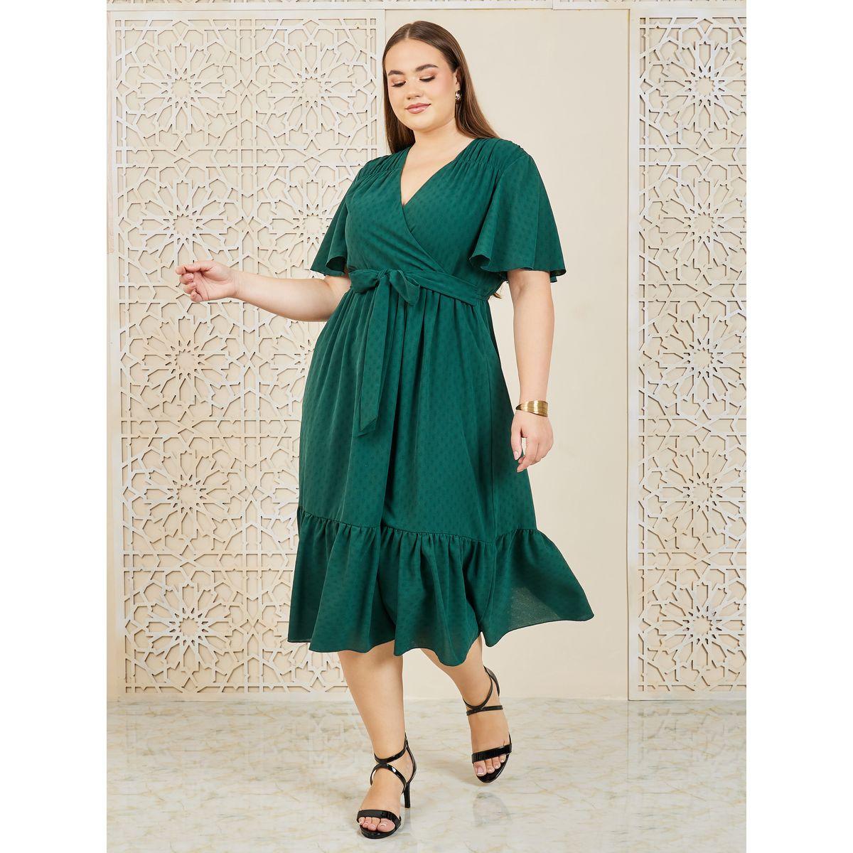 Styli Plus Textured A-Line Tiered Midi Dress with Self Tie Up-women-clothing-dresses-image-1