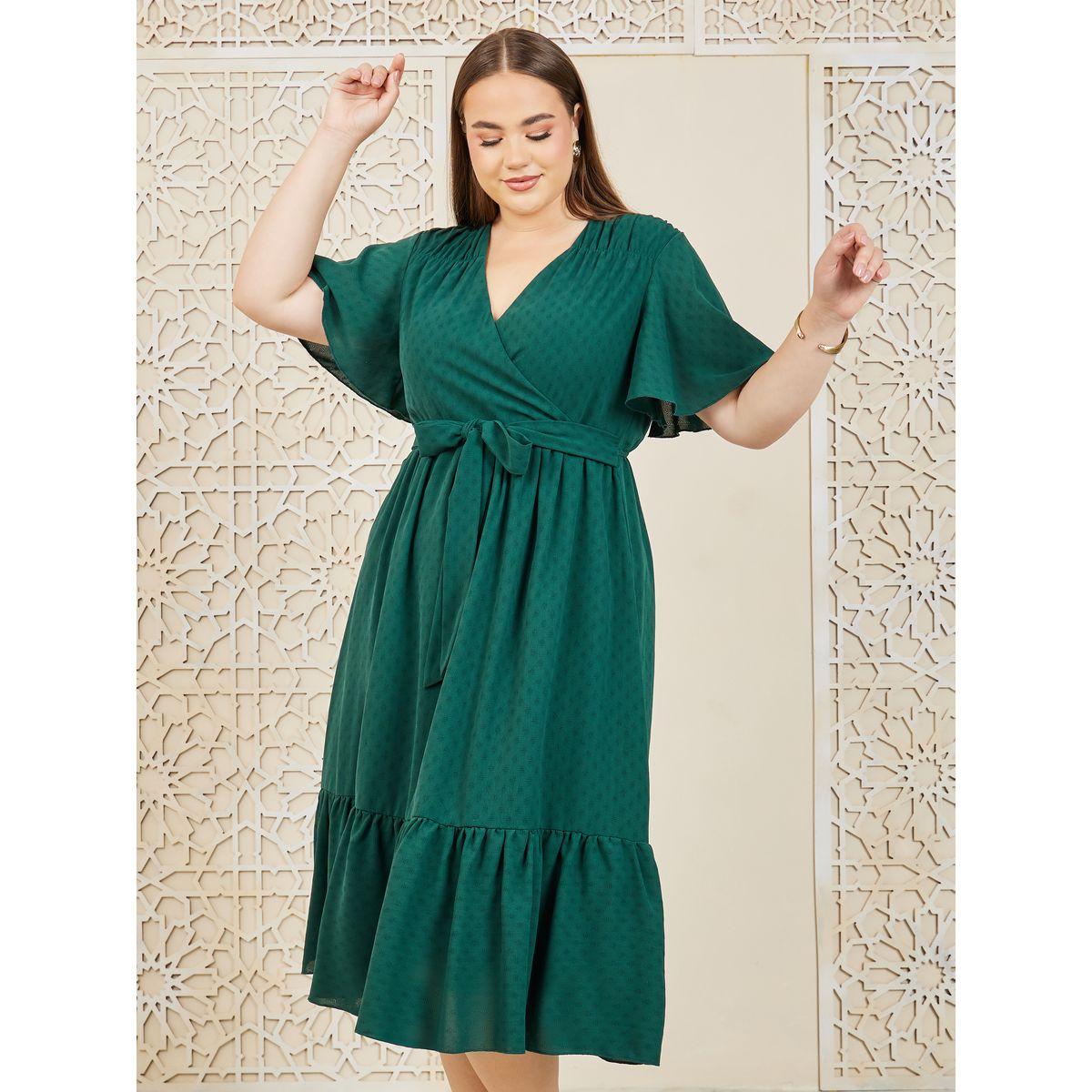 Styli Plus Textured A-Line Tiered Midi Dress with Self Tie Up-women-clothing-dresses-image-2