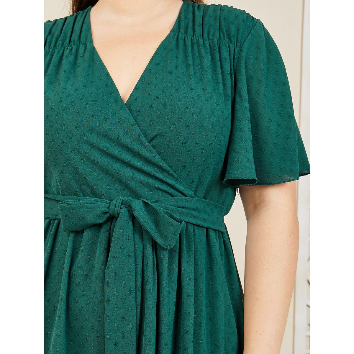 Styli Plus Textured A-Line Tiered Midi Dress with Self Tie Up-women-clothing-dresses-image-3
