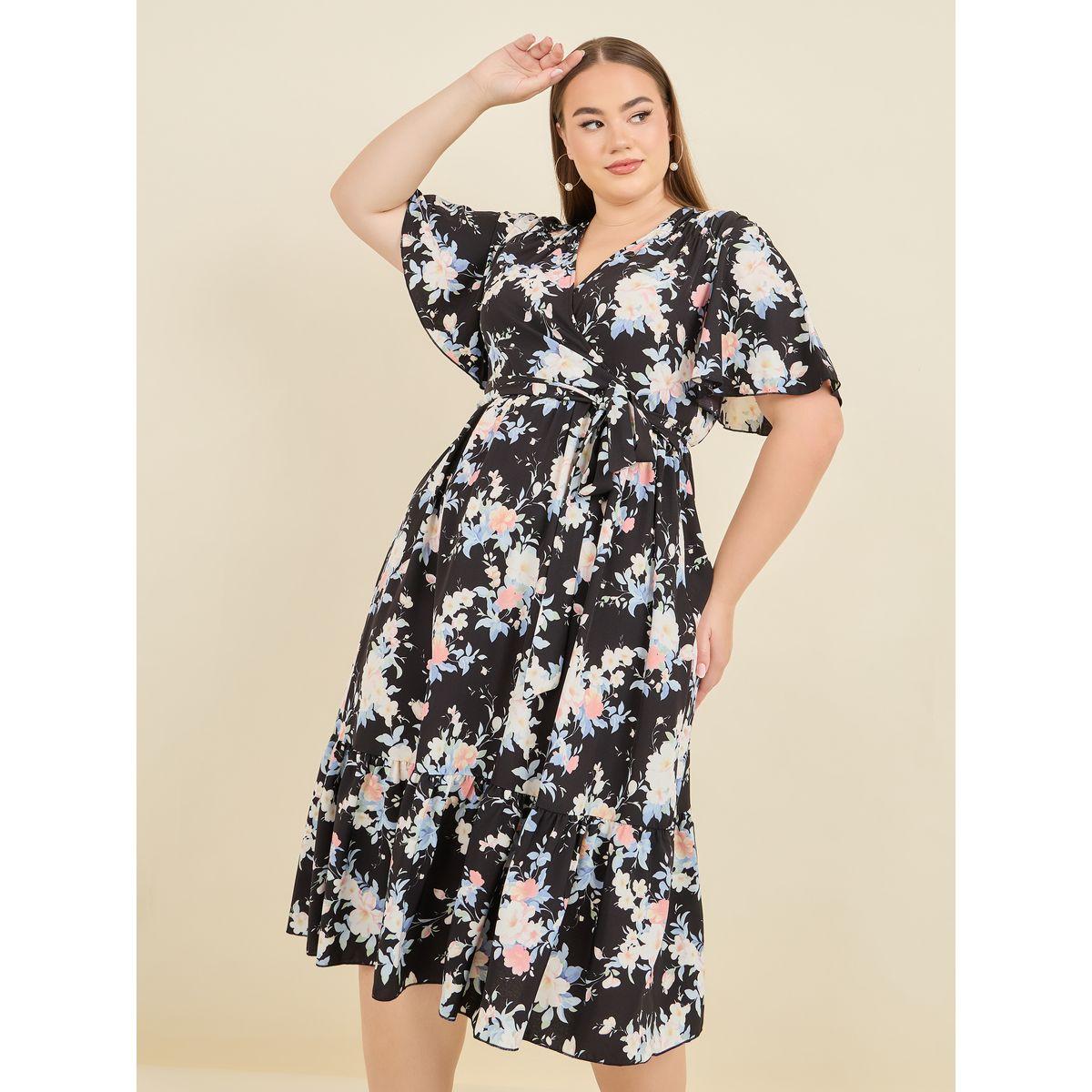 Styli Plus Floral Print Tiered Midi Dress with Self Tie Up-women-clothing-dresses-image-2