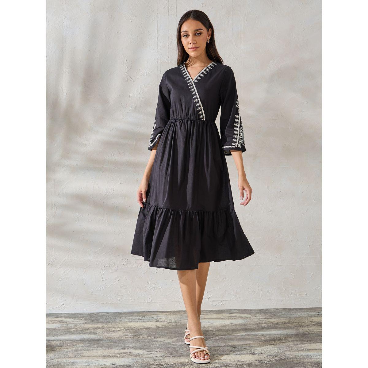 Styli Limited Embroidery Detail Wrap Front Midi Dress-women-clothing-dresses-image-1