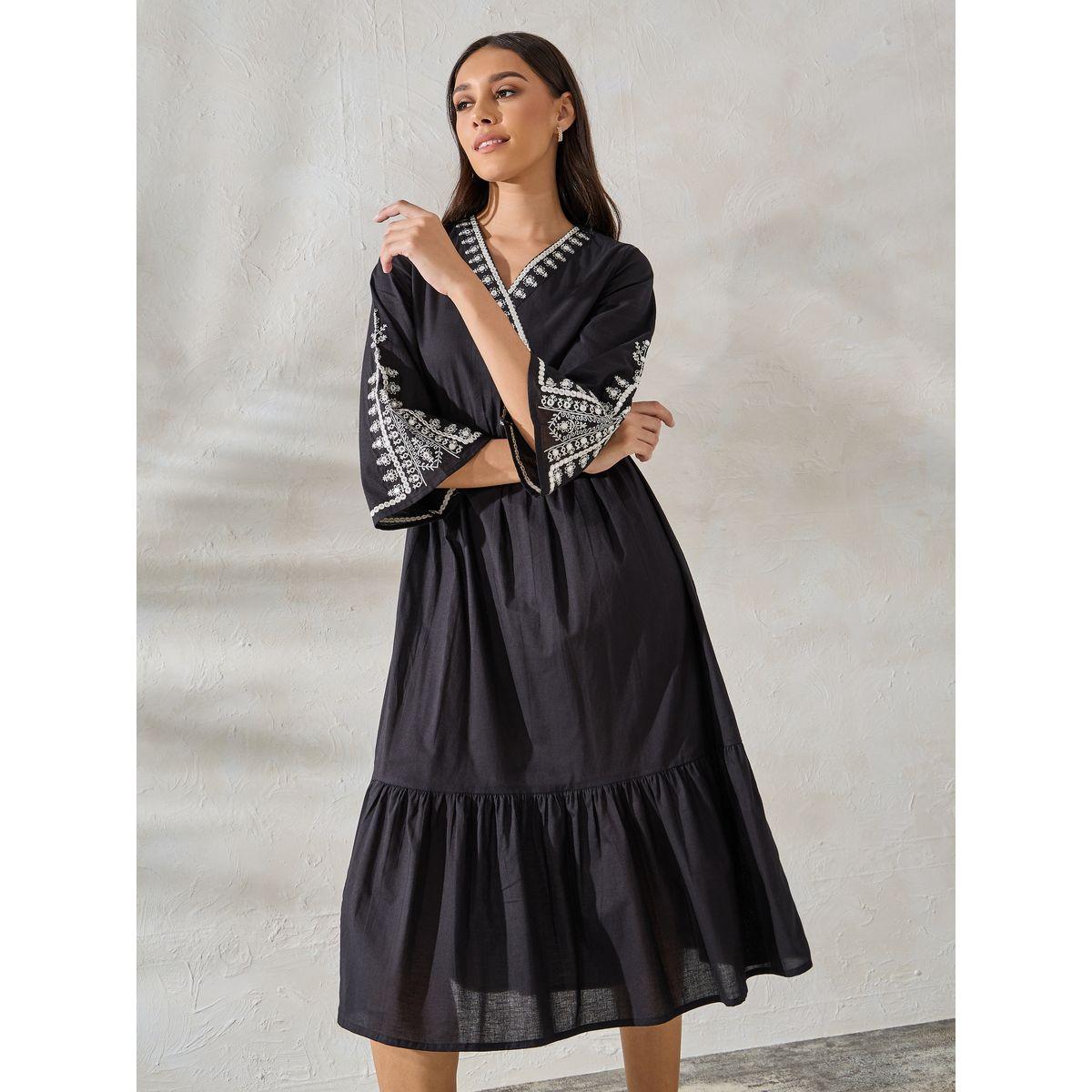 Styli Limited Embroidery Detail Wrap Front Midi Dress-women-clothing-dresses-image-2