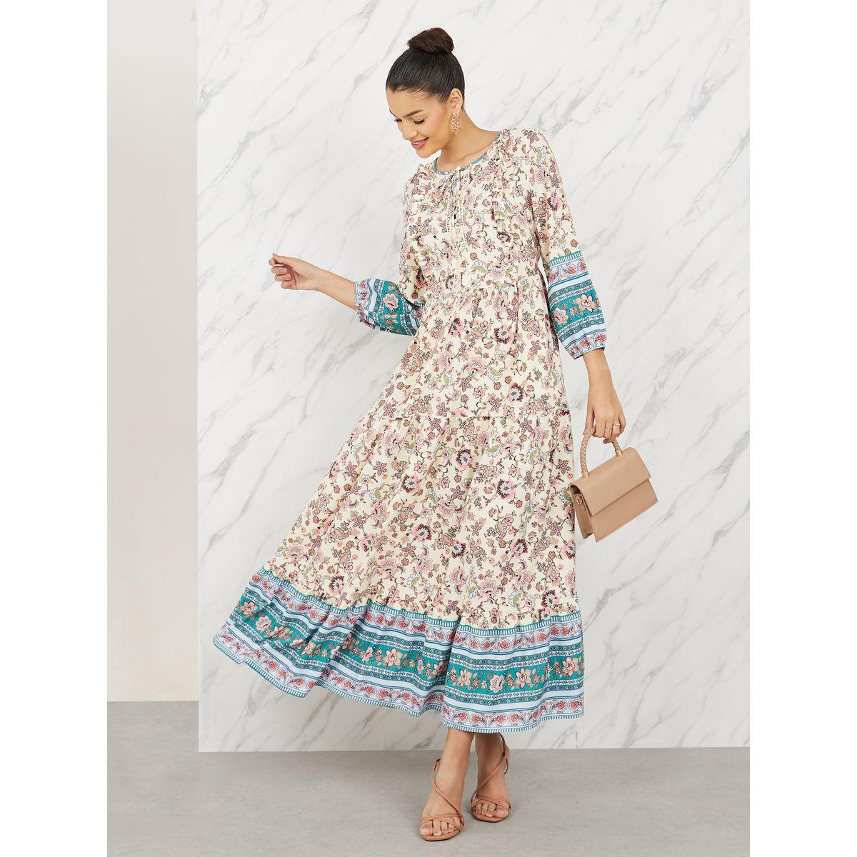 Styli Lace Ladder Floral Print Tie Up Neck A-Line Maxi Dress-women-clothing-dresses-image-1