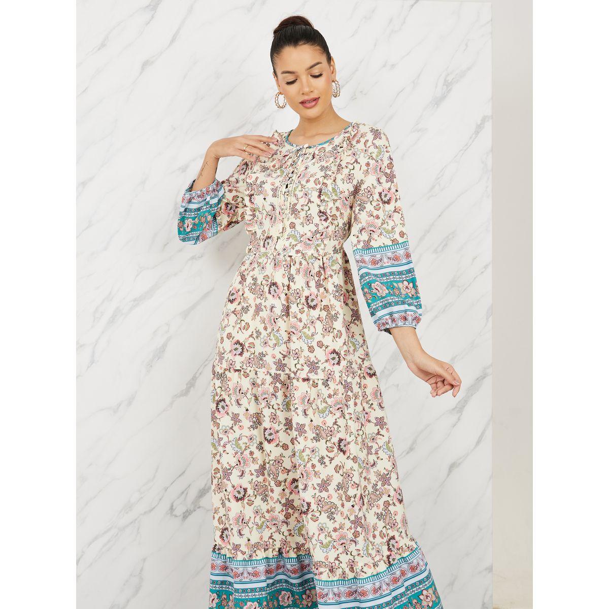Styli Lace Ladder Floral Print Tie Up Neck A-Line Maxi Dress-women-clothing-dresses-image-2