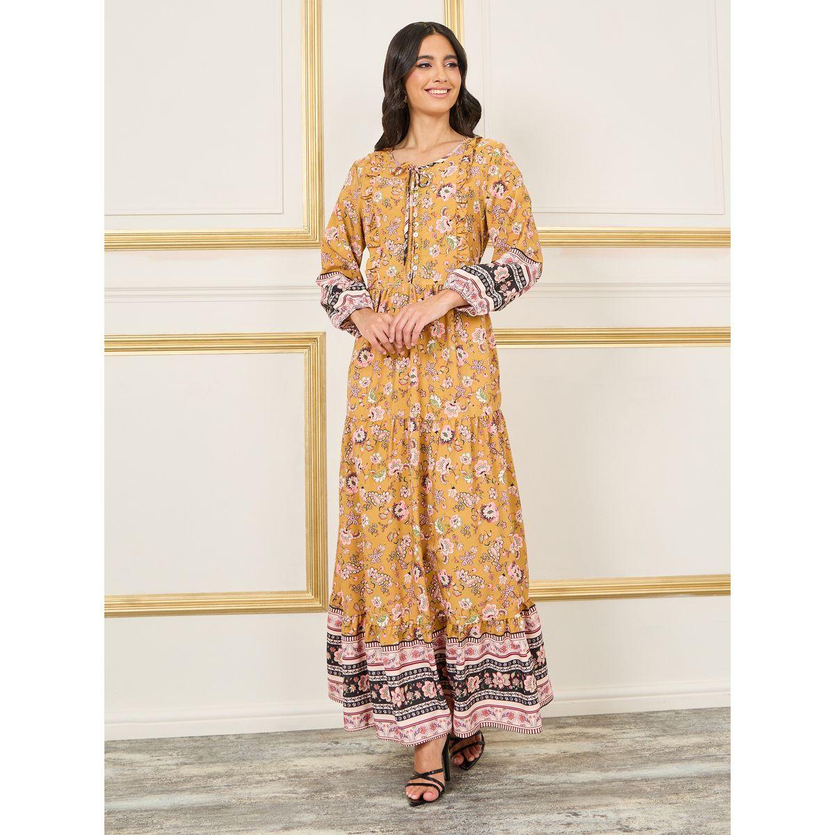 فستان طويل مطبع بزهور مع ياقة بأربطة-women-clothing-dresses-image-1