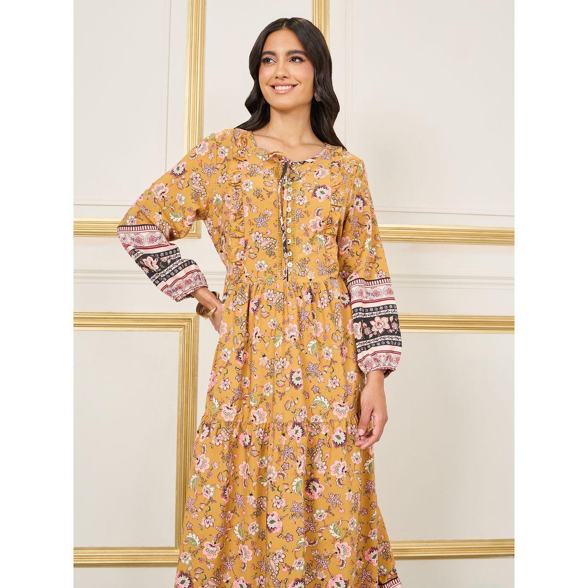 فستان طويل مطبع بزهور مع ياقة بأربطة-women-clothing-dresses-image-2