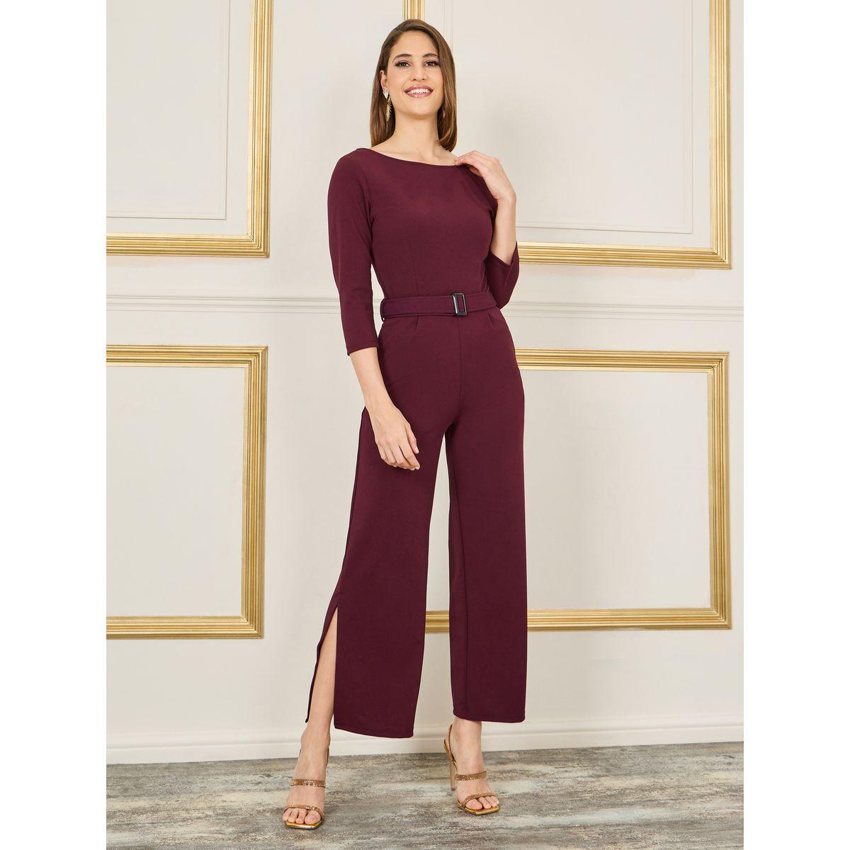 Styli Textured Belted V Back Detail Wide Leg Jumpsuit with Side Slit-women-clothing-jumpsuits-image-1