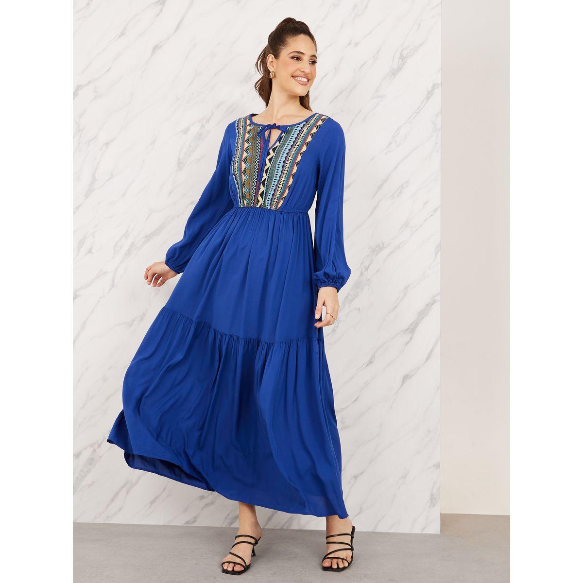 Styli Aztec Printed Tie Up Neck Tiered Maxi Dress-women-clothing-dresses-image-1