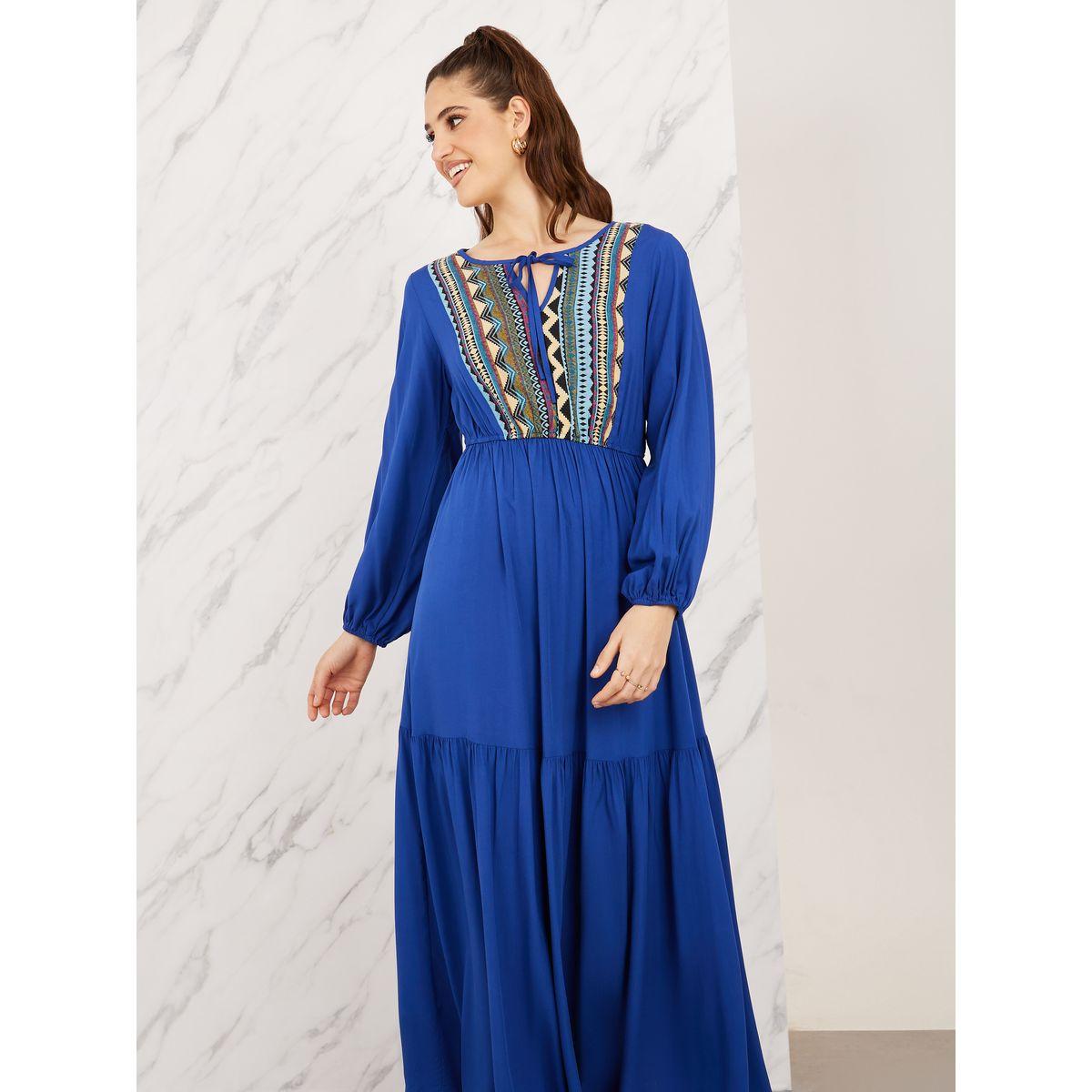 Styli Aztec Printed Tie Up Neck Tiered Maxi Dress-women-clothing-dresses-image-2
