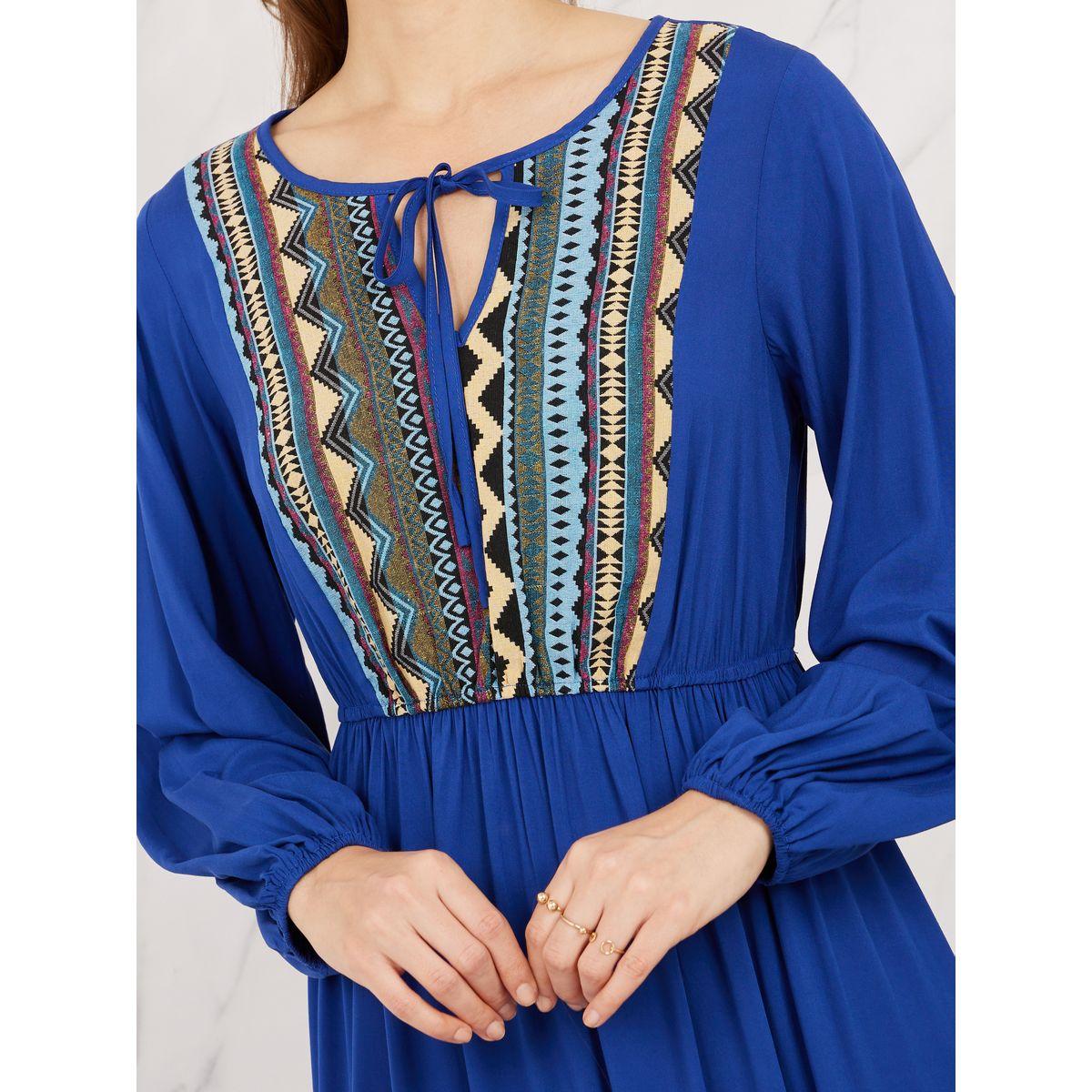 Styli Aztec Printed Tie Up Neck Tiered Maxi Dress-women-clothing-dresses-image-3